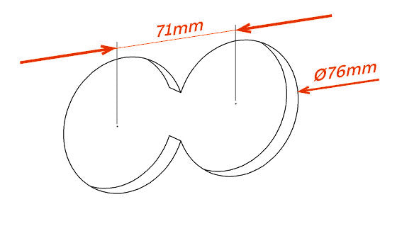 Tekening van twee overlappende gaten van Ø 76 mm met 71 mm tussen de harten