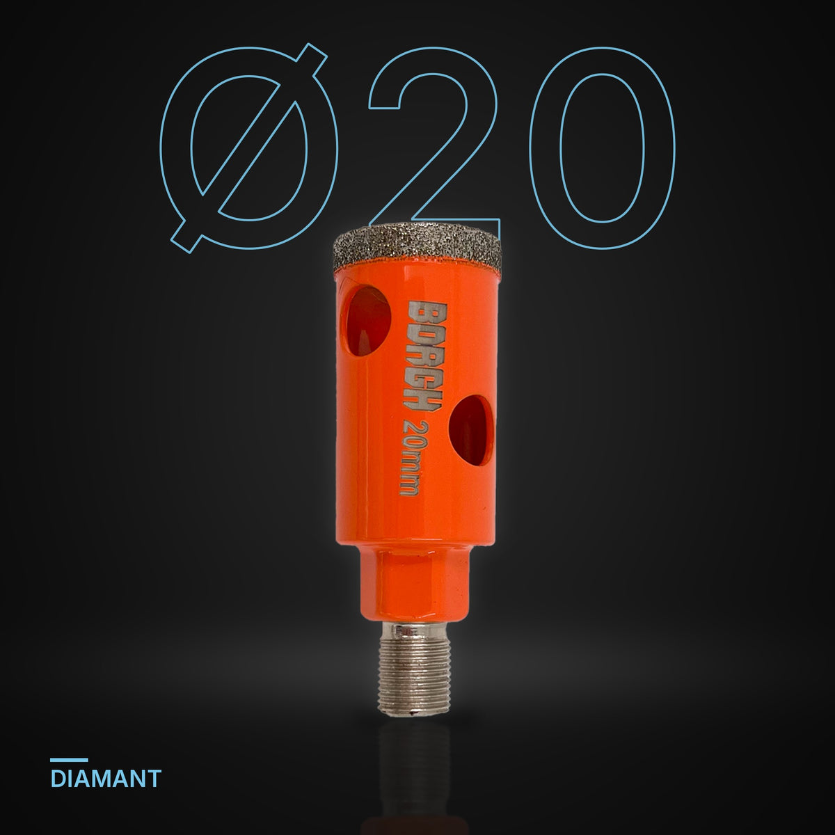 Kerbo diamantboor Ø 20 mm onder een grote Ø20-maataanduiding op een donkere achtergrond