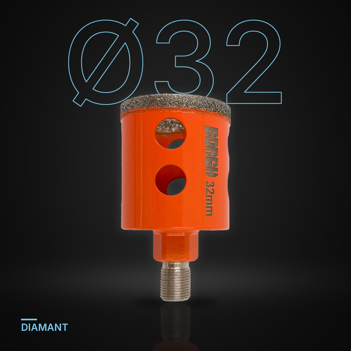 Kerbo diamantboor Ø 32 mm onder een grote Ø32-maataanduiding op een donkere achtergrond
