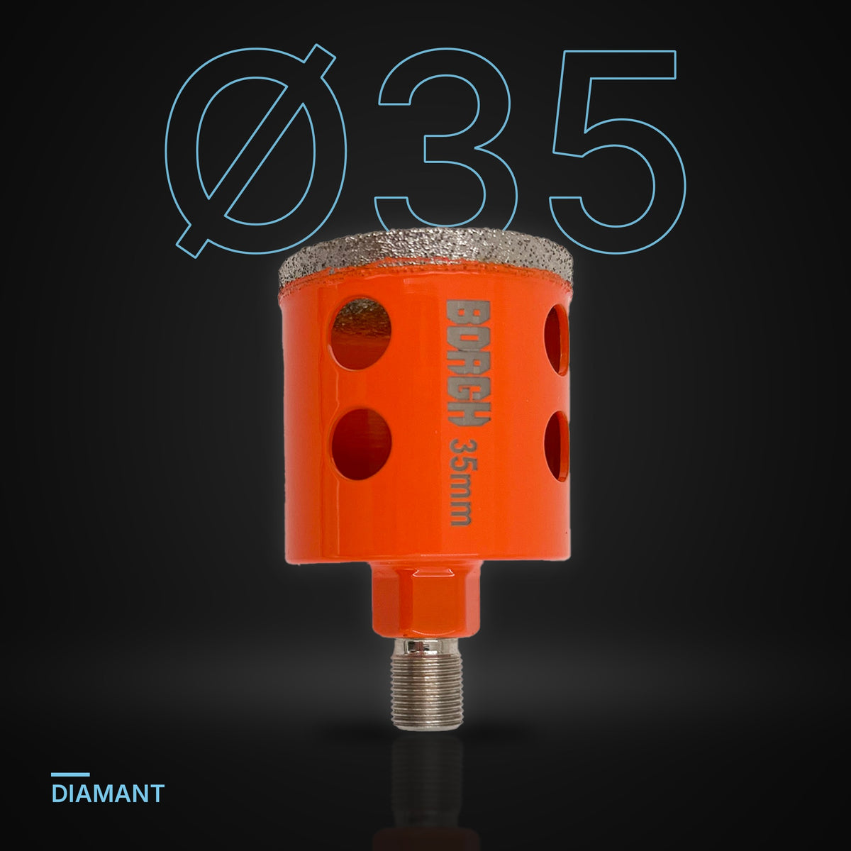 Kerbo diamantboor Ø 35 mm onder een grote Ø35-maataanduiding op een donkere achtergrond