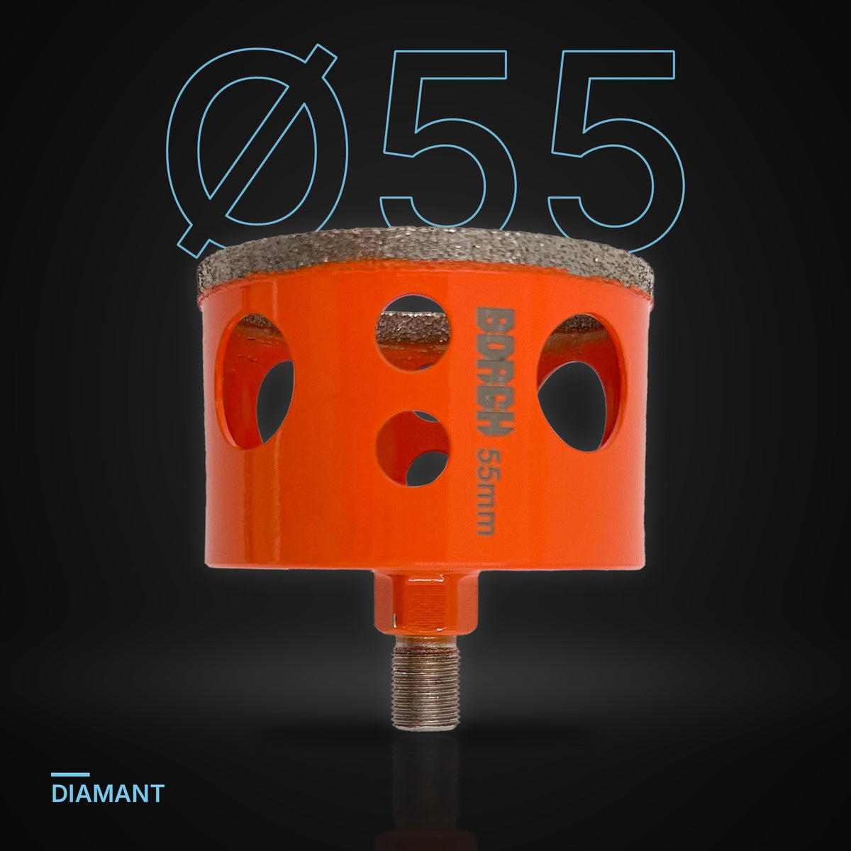 Kerbo diamantboor Ø 55 mm onder een grote Ø55-maataanduiding op een donkere achtergrond