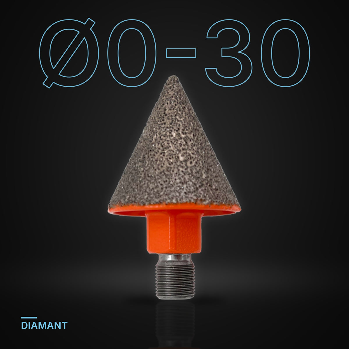 Kerbo diamantboor kegel Ø 0-30 mm onder een grote Ø0-30-maataanduiding op een donkere achtergrond